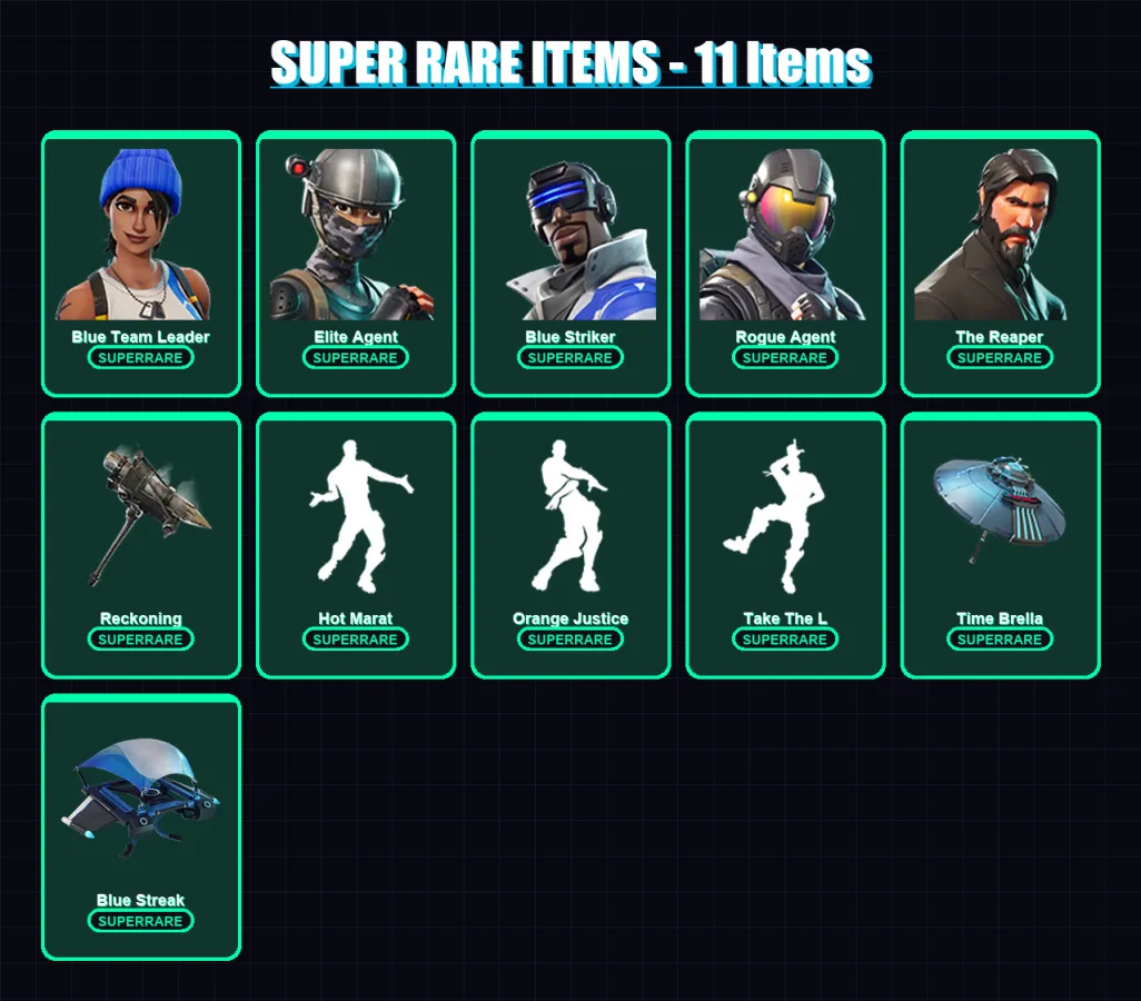 [PS4/PS5/XBOX/PC] | Blue Team Leader | Elite Agent | Blue Striker | Rogue Agent | The Reaper | 50 skin | 35 pickaxe | 63 emote | 51 glider | Lv736