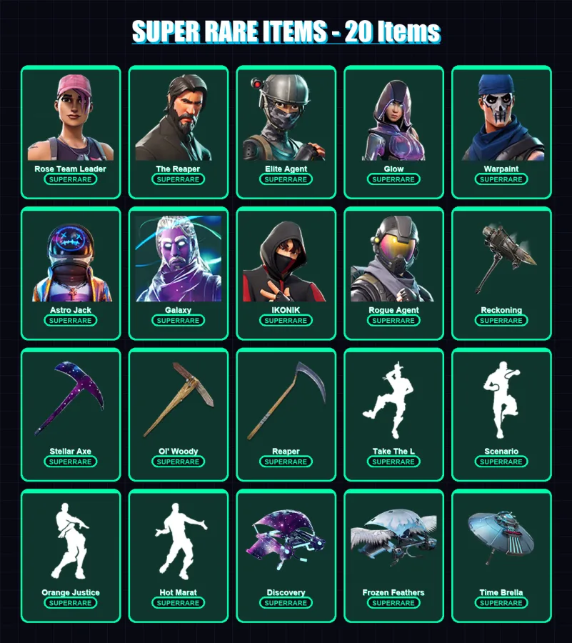 [PS4/PS5/PC] | Rose Team Leader | The Reaper | Elite Agent | Glow | Warpaint | 155 skin | 146 pickaxe | 133 emote | 135 glider | Lv2035