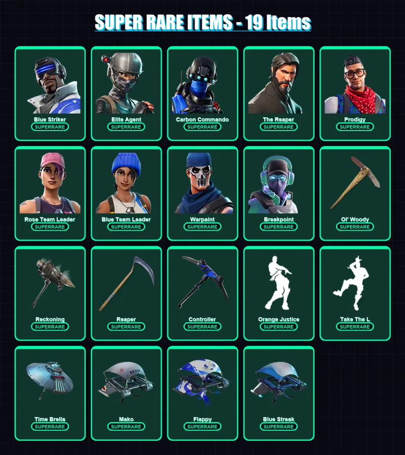 [PS4/PS5/XBOX/PC] | Blue Striker | Elite Agent | Carbon Commando | The Reaper | Prodigy | 147 skin | 112 pickaxe | 108 emote | 116 glider | Lv1849