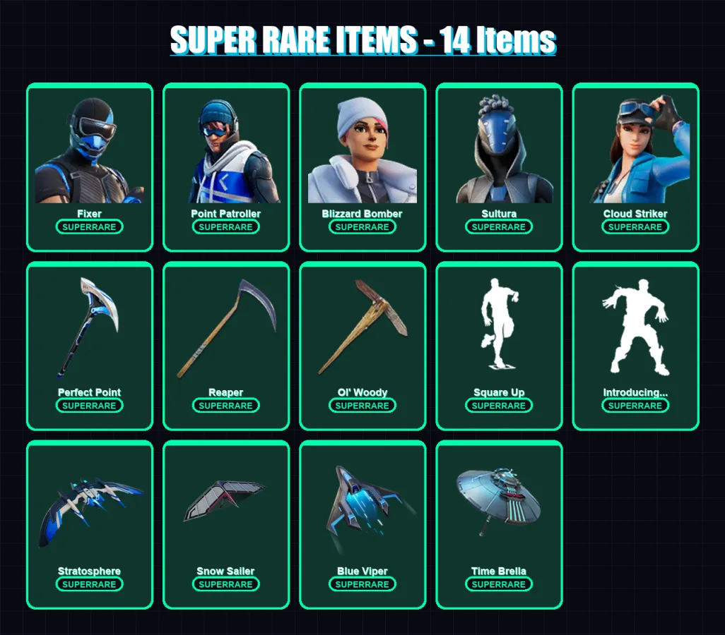 [PC/XBOX] | Fixer | Point Patroller | Blizzard Bomber | Sultura | Cloud Striker | 304 skin | 327 pickaxe | 211 emote | 236 glider | Lv3954