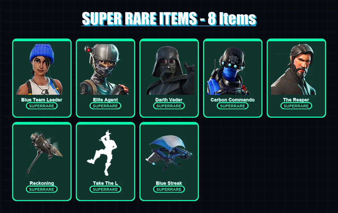 [PC/XBOX] | Blue Team Leader | Elite Agent | Darth Vader | Carbon Commando | The Reaper | 55 skin | 80 pickaxe | 60 emote | 88 glider | Lv1070