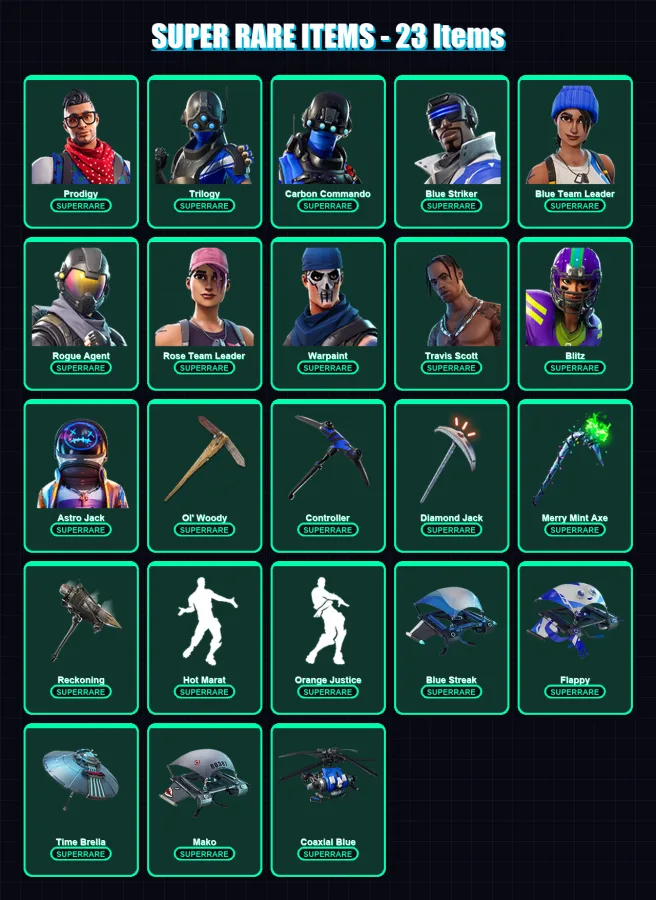 [PS4/PS5/XBOX/PC] | Prodigy | Trilogy | Carbon Commando | Blue Striker | Blue Team Leader | 141 skin | 180 pickaxe | 146 emote | 156 glider | Lv2311