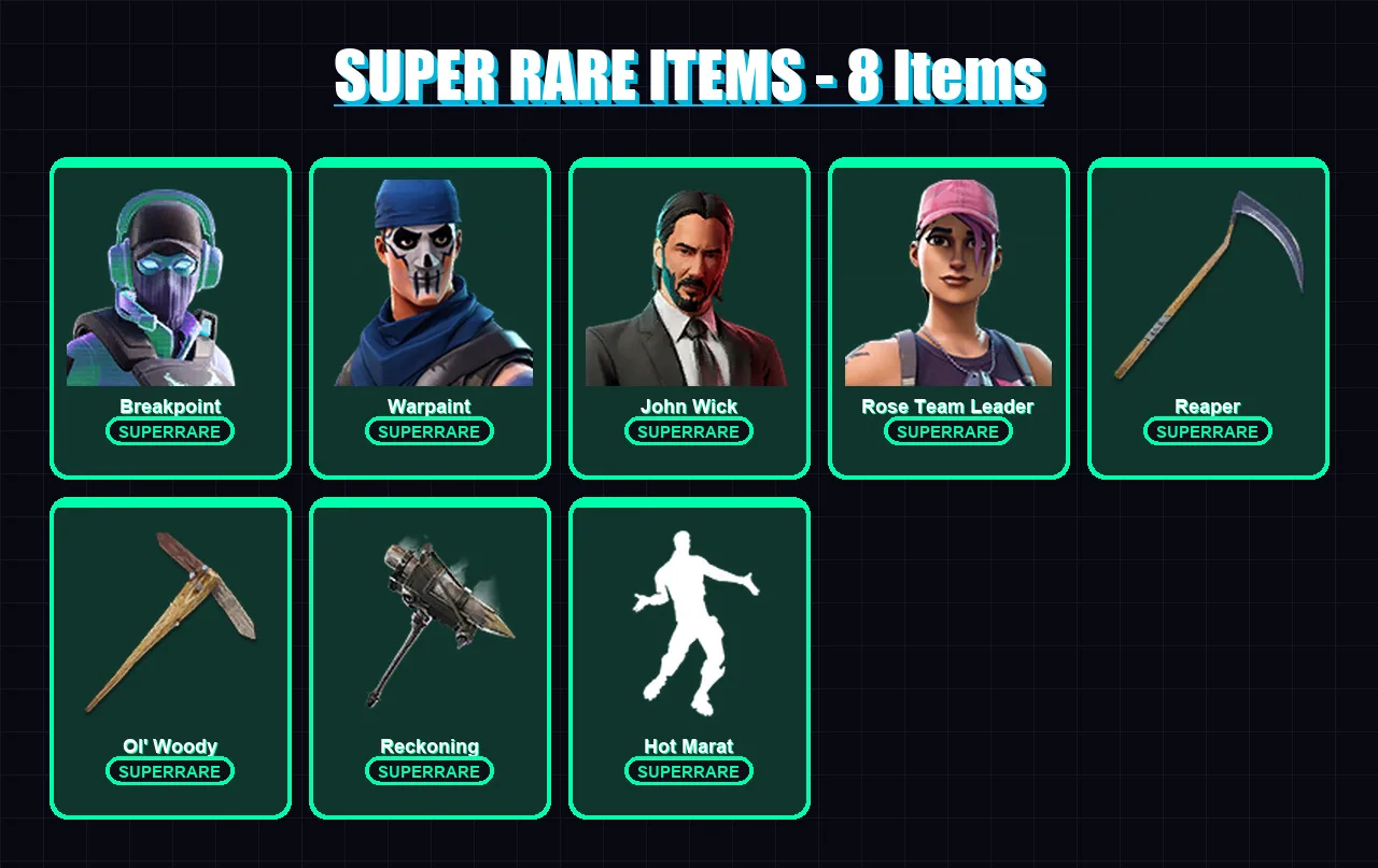 [PC/XBOX/PSN] | Breakpoint | Warpaint | John Wick | Rose Team Leader | Catalyst | 113 skin | 54 pickaxe | 66 emote | 51 glider | Lv614