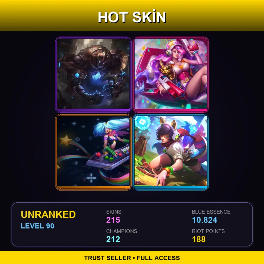 NA | Hextech Galio | Arcade Miss Fortune | Arcade Sona | Arcade Ahri | 215 Skin | 212 Champ | Lv90