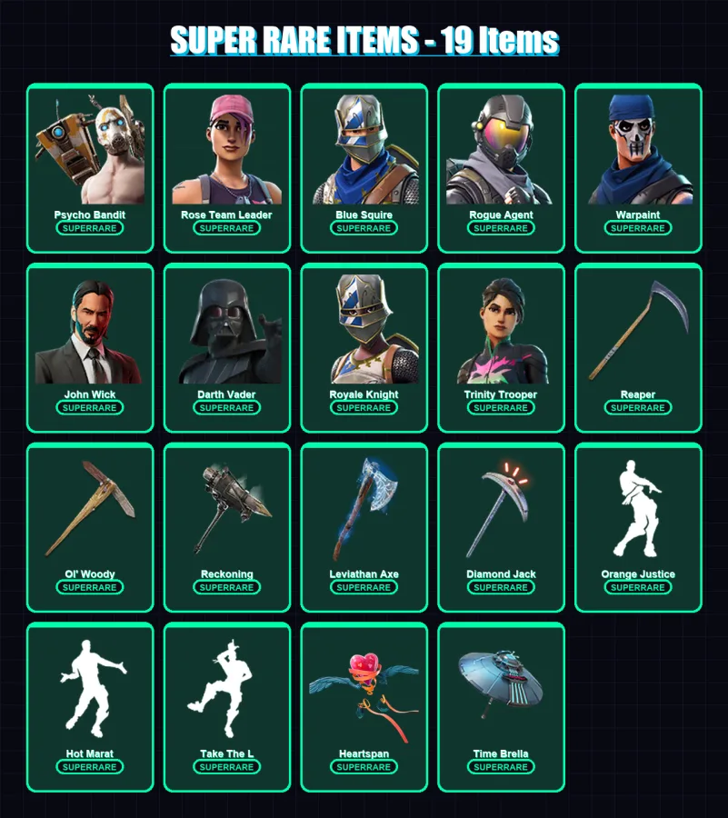 [PC] | Psycho Bandit | Rose Team Leader | Blue Squire | Rogue Agent | Warpaint | 490 skin | 463 pickaxe | 407 emote | 318 glider | Lv7855