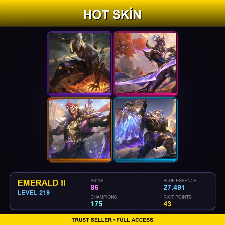 TR | Prestige Nightbringer Lee Sin | Victorious Master Yi | Victorious Draven | Victorious Braum | 86 Skin | 175 Champ | Emerald II | Lv219