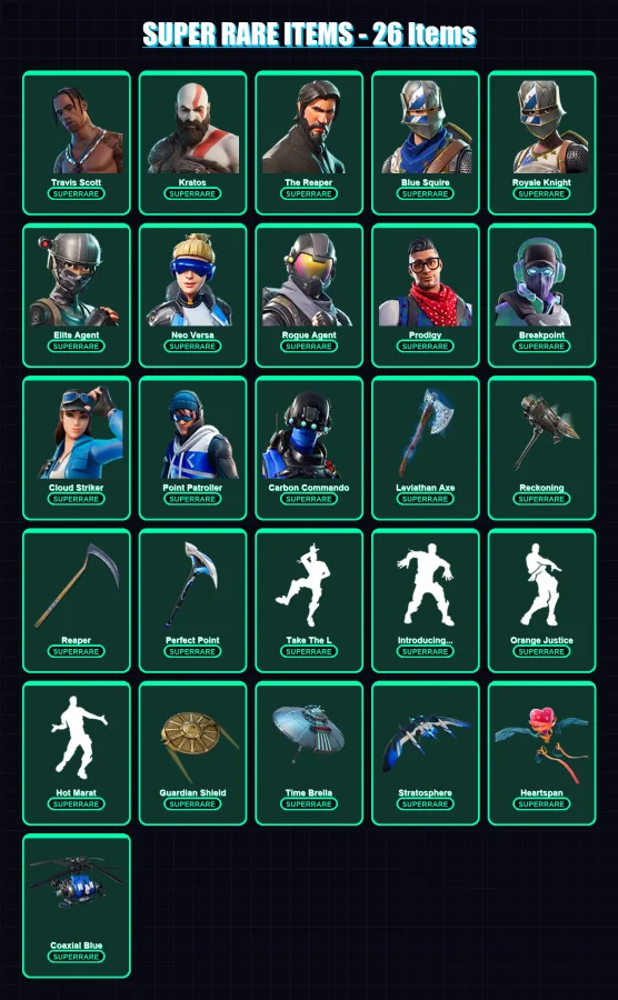 [PC/XBOX/PSN] | Travis Scott | Kratos | The Reaper | Omega | Blue Squire | 201 skin | 160 pickaxe | 159 emote | 153 glider | Lv1927