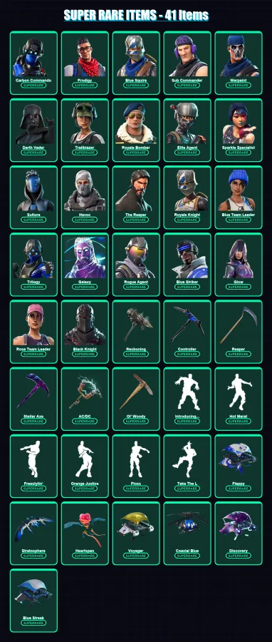 [PC/XBOX/PSN] | Carbon Commando | Prodigy | Blue Squire | Sub Commander | Warpaint | 326 skin | 297 pickaxe | 247 emote | 238 glider | Lv3139