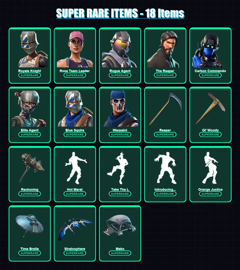 [PC/XBOX] | Royale Knight | Rose Team Leader | Rogue Agent | The Reaper | Carbon Commando | 144 skin | 132 pickaxe | 117 emote | 120 glider | Lv1701