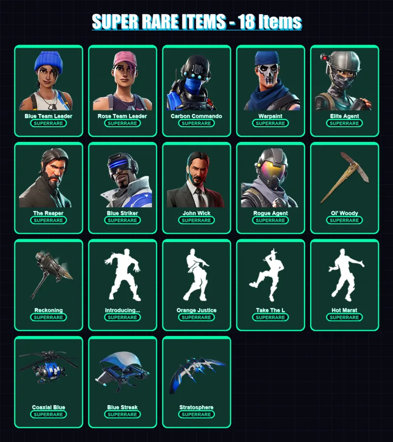 [PC] | Blue Team Leader | Rose Team Leader | Carbon Commando | Warpaint | Elite Agent | 88 skin | 64 pickaxe | 100 emote | 72 glider | Lv649