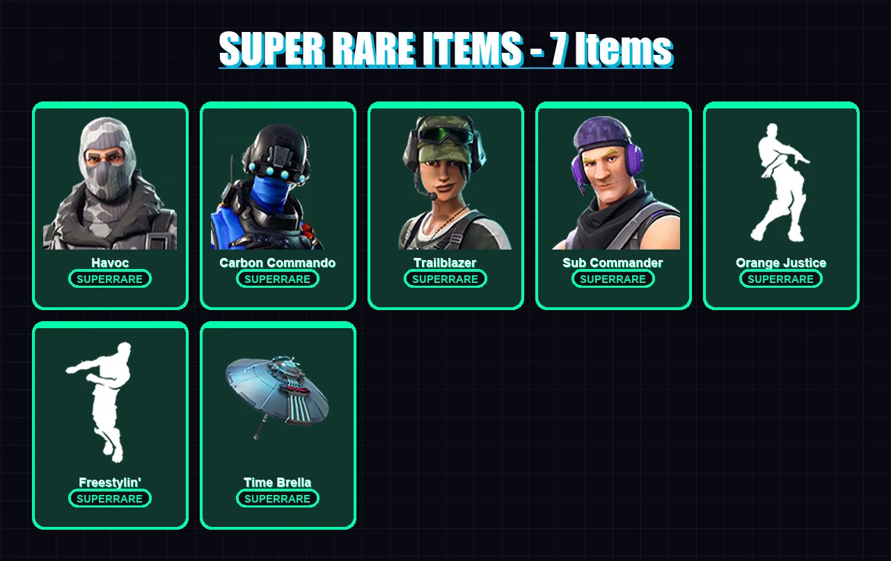 [PS4/PS5/XBOX/PC] | Havoc | Carbon Commando | Trailblazer | Sub Commander | Vik Vyce | 11 skin | 56 pickaxe | 39 emote | 58 glider | Lv1200