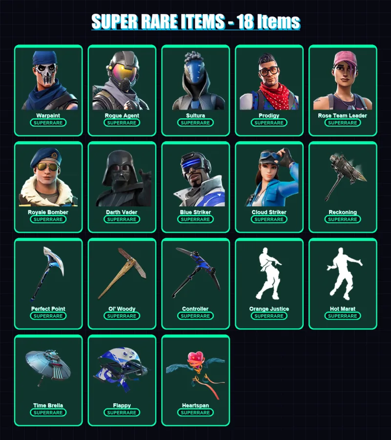 [PS4/PS5/XBOX/PC] | Warpaint | Rogue Agent | Sultura | Prodigy | Rose Team Leader | 174 skin | 164 pickaxe | 153 emote | 149 glider | Lv2222