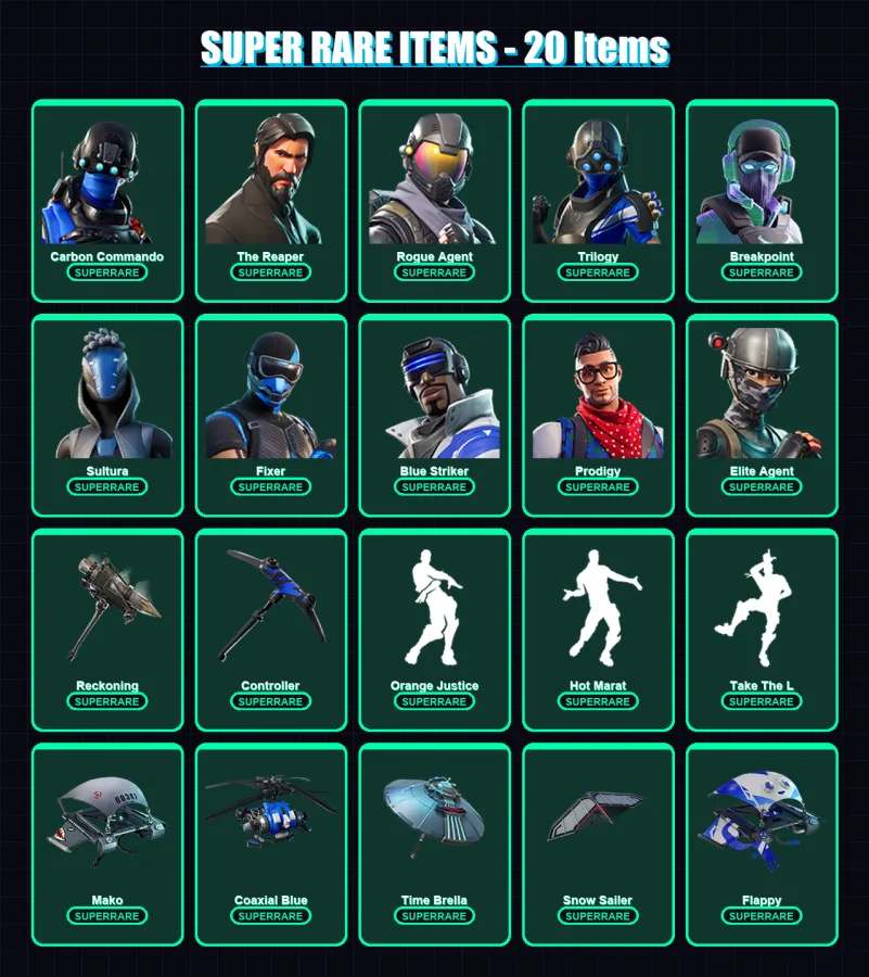 [PS4/PS5/XBOX/PC] | Carbon Commando | The Reaper | Rogue Agent | Trilogy | Breakpoint | 115 skin | 98 pickaxe | 107 emote | 94 glider | Lv1000