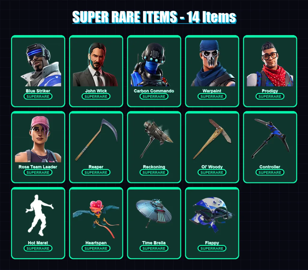 [PC/XBOX/PSN] | Blue Striker | John Wick | Carbon Commando | Warpaint | Prodigy | 165 skin | 181 pickaxe | 143 emote | 169 glider | Lv3027