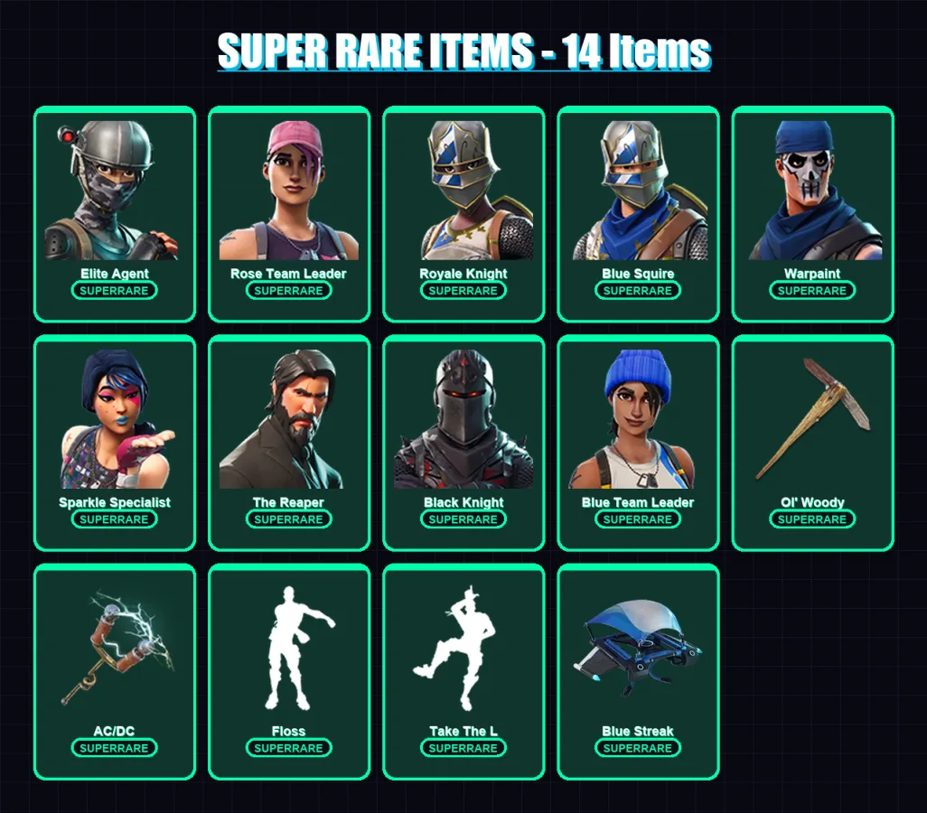 [PC/XBOX/PSN] | Elite Agent | Rose Team Leader | Royale Knight | Blue Squire | Warpaint | 16 skin | 16 pickaxe | 18 emote | 18 glider | Lv173