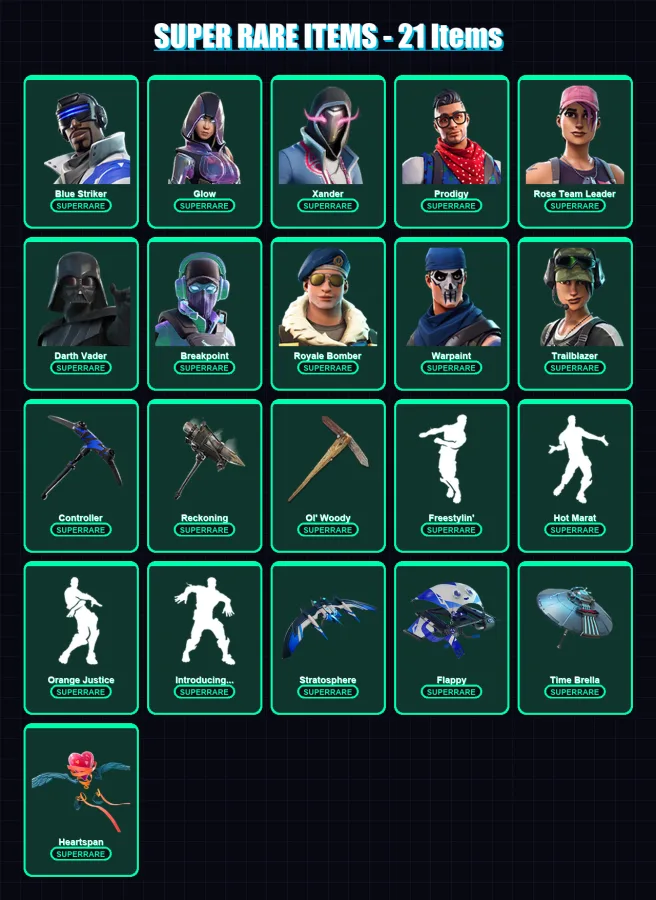 [PC/XBOX] | Blue Striker | Glow | Xander | Prodigy | Rose Team Leader | 218 skin | 217 pickaxe | 154 emote | 178 glider | Lv2587