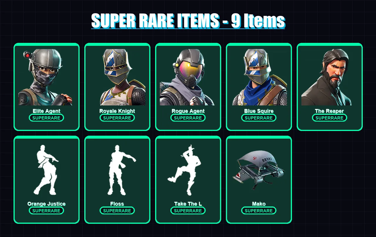 [PS4/PS5/XBOX/PC] | Elite Agent | Royale Knight | Rogue Agent | Blue Squire | The Reaper | 18 skin | 14 pickaxe | 23 emote | 20 glider | Lv357
