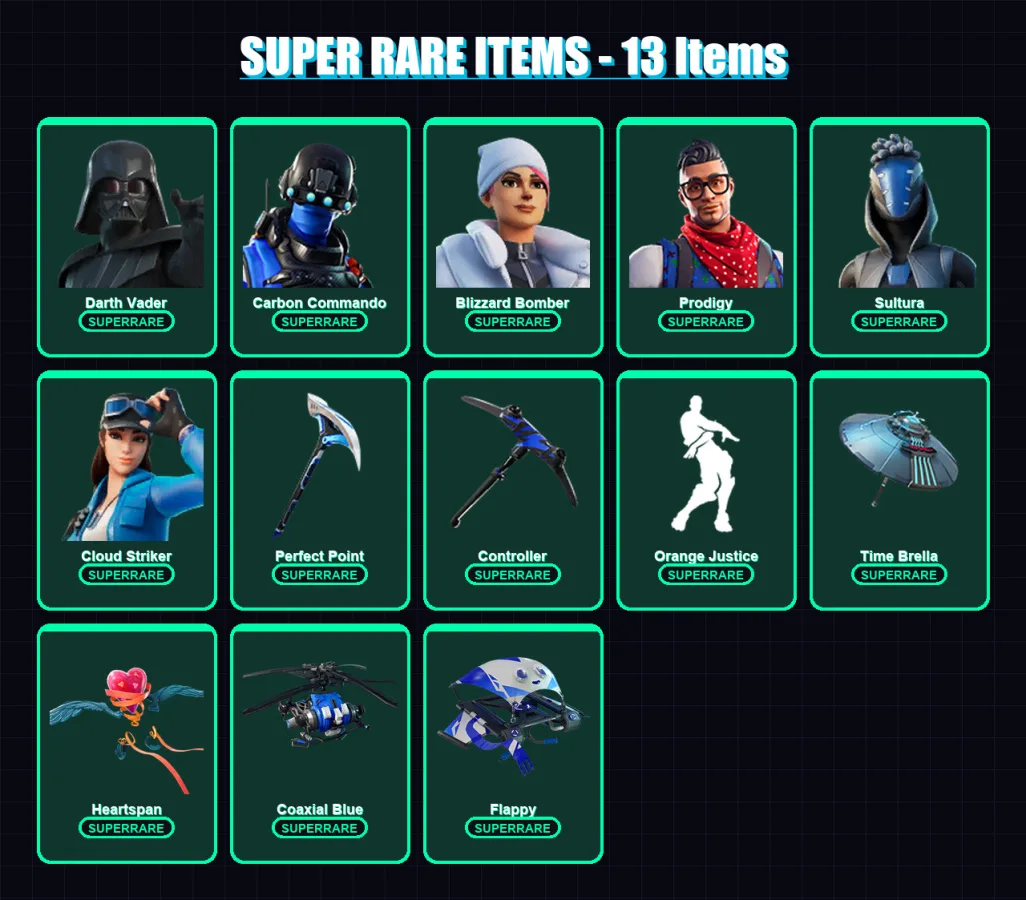 [PS4/PS5/XBOX/PC] | Darth Vader | Carbon Commando | Blizzard Bomber | Prodigy | Sultura | 97 skin | 114 pickaxe | 86 emote | 110 glider | Lv1522