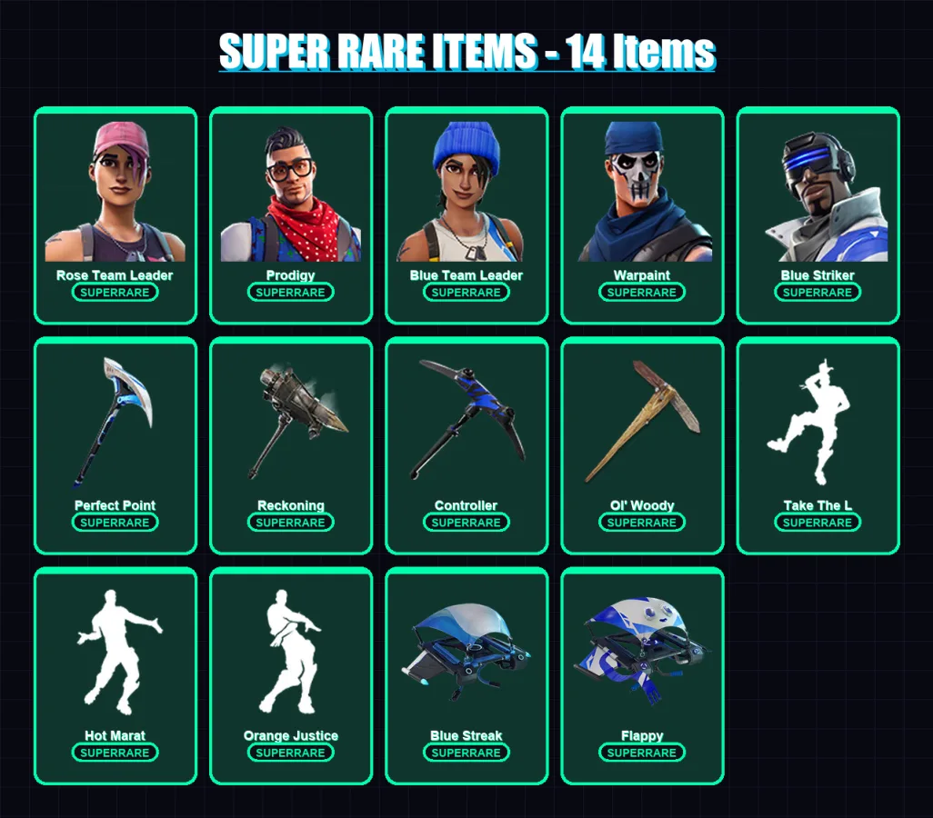 [PS4/PS5/XBOX/PC] | Rose Team Leader | Prodigy | Blue Team Leader | Warpaint | Blue Striker | 104 skin | 88 pickaxe | 83 emote | 85 glider | Lv1072