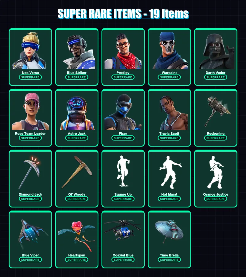 [PS4/PS5/XBOX/PC] | Neo Versa | Blue Striker | Prodigy | Warpaint | Darth Vader | 124 skin | 101 pickaxe | 79 emote | 99 glider | Lv1143