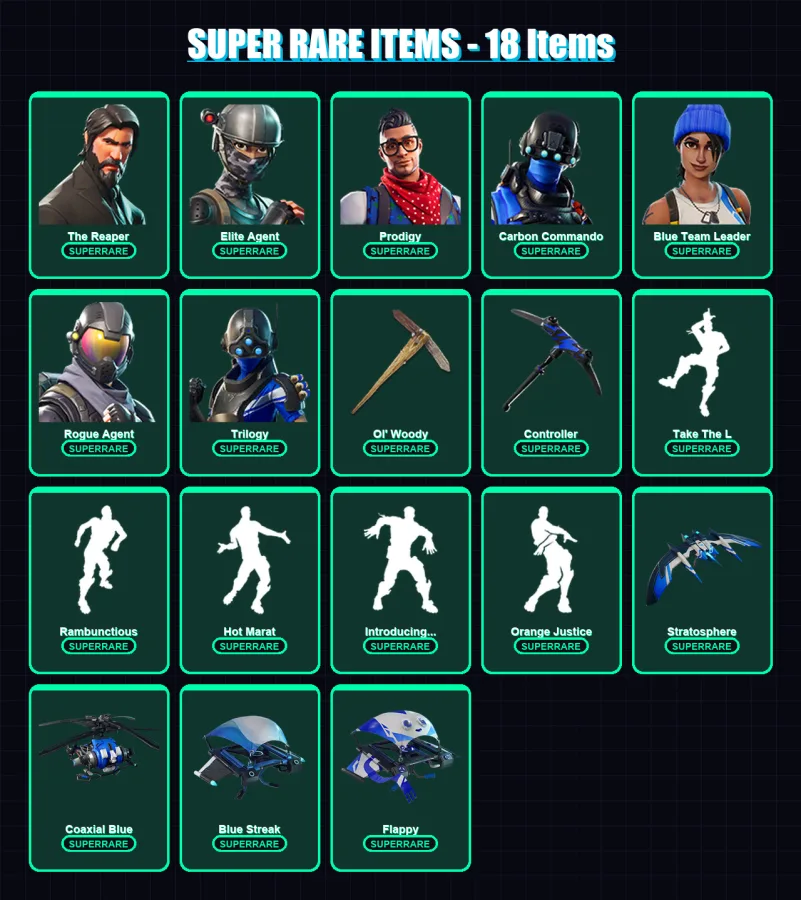[PS4/PS5/XBOX/PC] | The Reaper | Elite Agent | Prodigy | Carbon Commando | Blue Team Leader | 24 skin | 17 pickaxe | 36 emote | 24 glider | Lv240