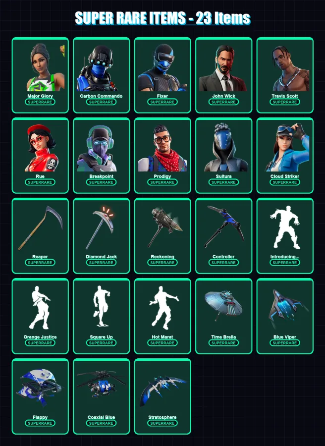 [PS4/PS5/XBOX/PC] | Major Glory | Carbon Commando | Fixer | John Wick | Travis Scott | 256 skin | 199 pickaxe | 177 emote | 167 glider | Lv2760