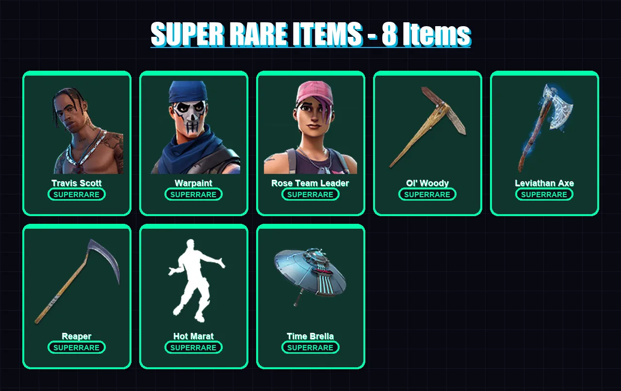 [PC/XBOX/PSN] | Travis Scott | Warpaint | Rose Team Leader | Midas | The Ice King | 204 skin | 177 pickaxe | 164 emote | 142 glider | Lv2632