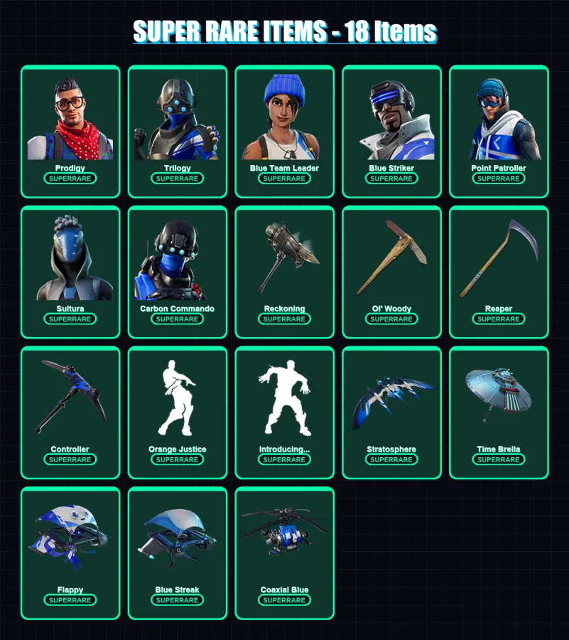 [PC/XBOX] | Prodigy | Trilogy | Blue Team Leader | Blue Striker | Point Patroller | 72 skin | 73 pickaxe | 99 emote | 78 glider | Lv1063