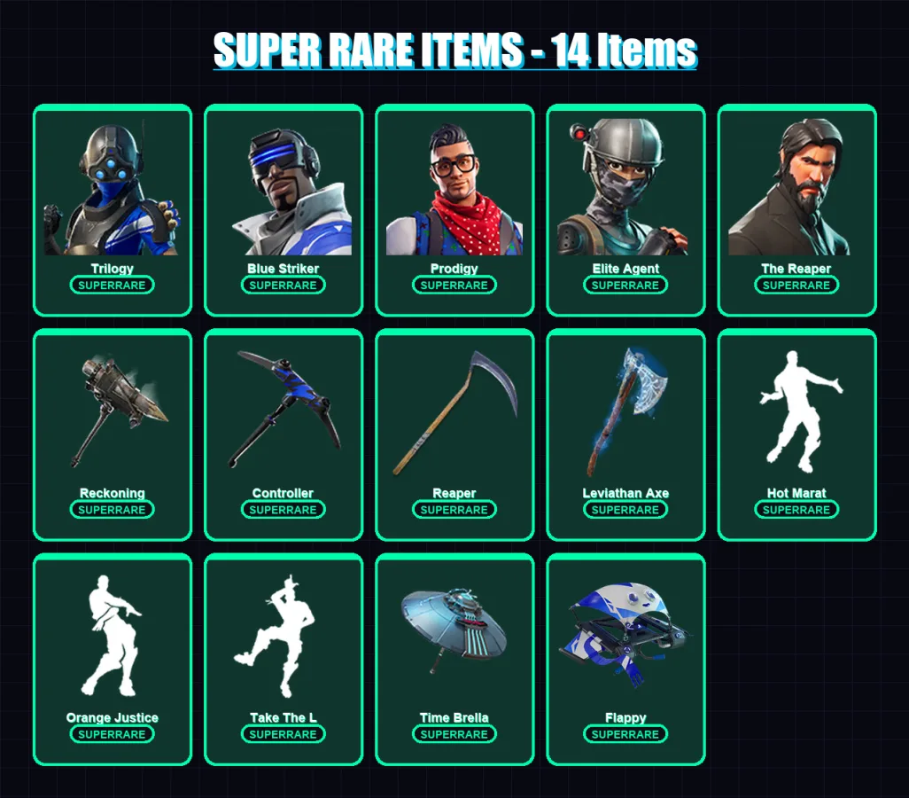 [PC/XBOX/PSN] | Trilogy | Blue Striker | Prodigy | Elite Agent | The Reaper | 200 skin | 206 pickaxe | 132 emote | 157 glider | Lv2374
