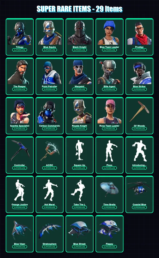 [PS4/PS5/XBOX/PC] | Trilogy | Blue Squire | Black Knight | Blue Team Leader | Prodigy | 46 skin | 53 pickaxe | 65 emote | 61 glider | Lv922