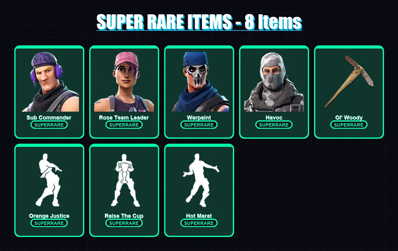 [PC] | Sub Commander | Rose Team Leader | Warpaint | Havoc | Fade | 17 skin | 18 pickaxe | 21 emote | 27 glider | Lv317