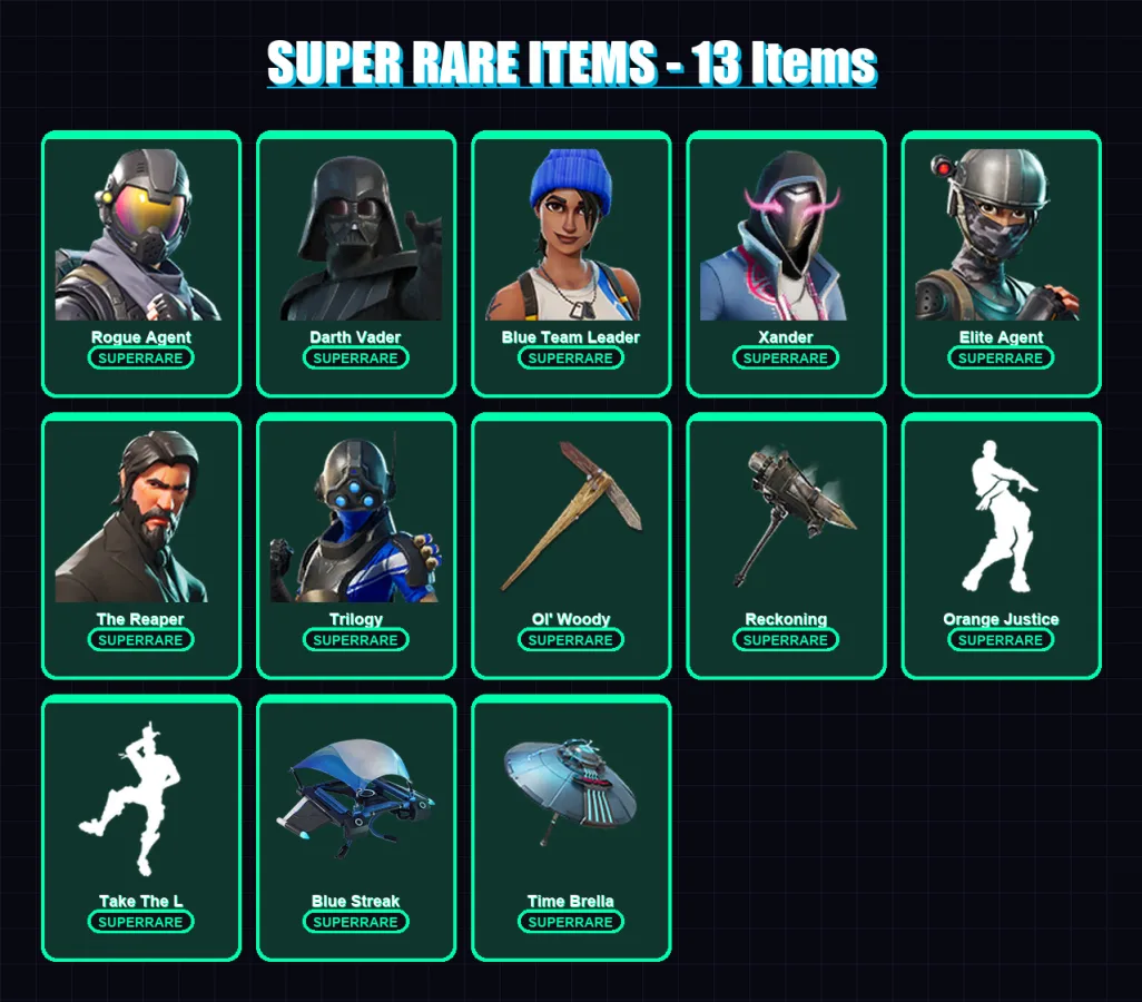 [PC] | Rogue Agent | Darth Vader | Blue Team Leader | Xander | Elite Agent | 158 skin | 156 pickaxe | 101 emote | 114 glider | Lv1496