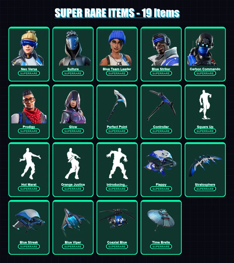 [PS4/PS5/XBOX/PC] | Neo Versa | Sultura | Blue Team Leader | Blue Striker | Carbon Commando | 95 skin | 93 pickaxe | 98 emote | 105 glider | Lv1301