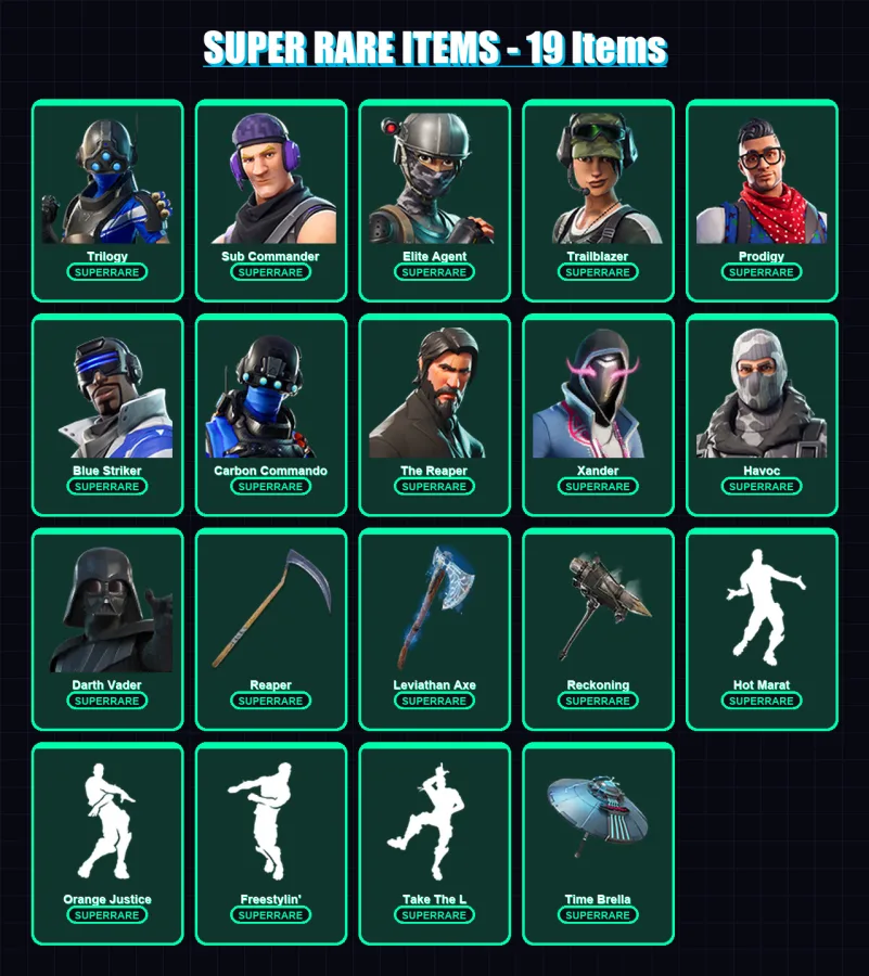 [PC/XBOX/PSN] | Trilogy | Sub Commander | Elite Agent | Trailblazer | Prodigy | 168 skin | 161 pickaxe | 132 emote | 160 glider | Lv3230