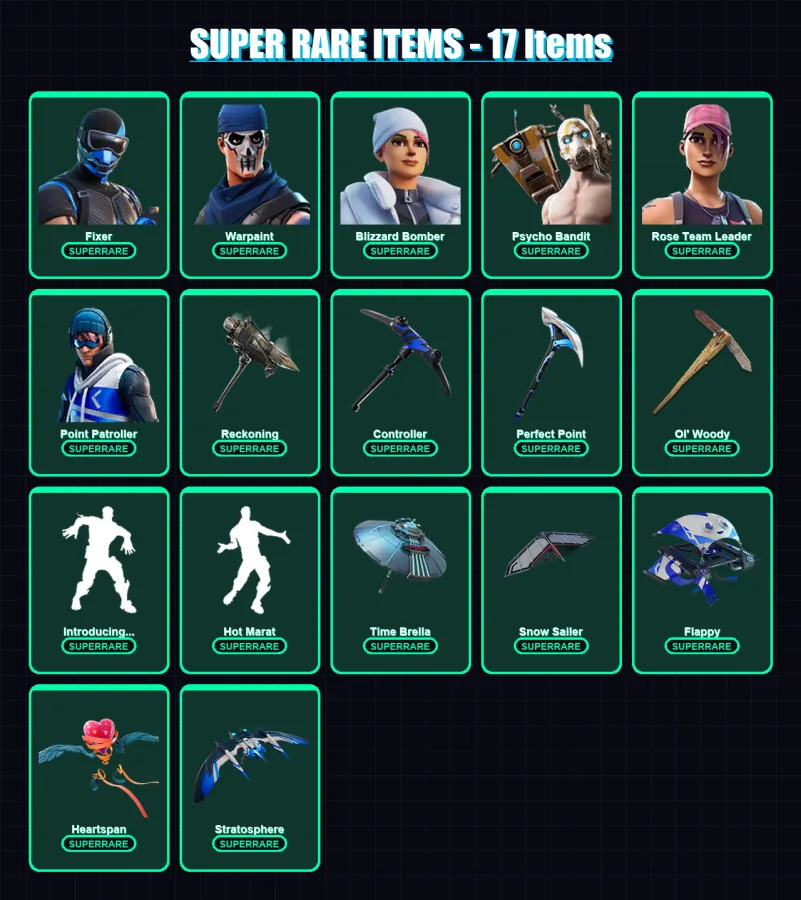 [PC] | Fixer | Warpaint | Blizzard Bomber | Psycho Bandit | Rose Team Leader | 91 skin | 138 pickaxe | 101 emote | 116 glider | Lv1776
