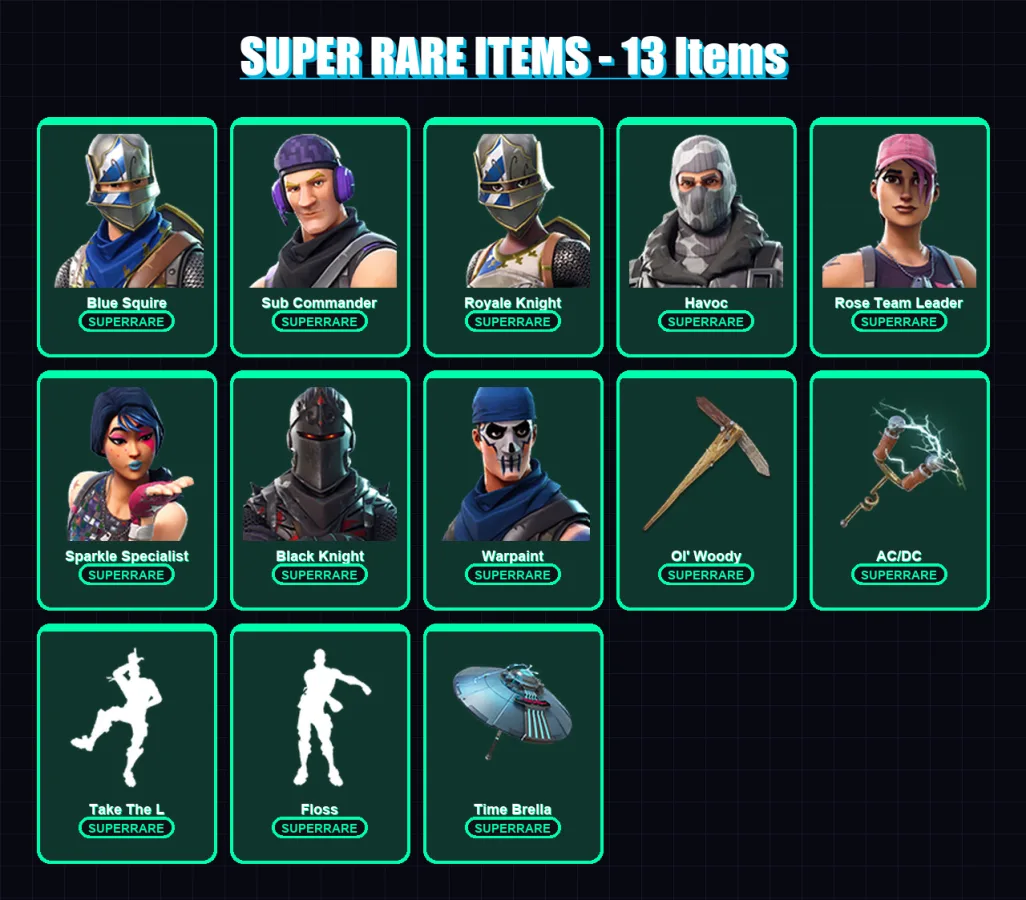 [PC/XBOX/PSN] | Blue Squire | Sub Commander | Royale Knight | Havoc | Rose Team Leader | 34 skin | 35 pickaxe | 32 emote | 42 glider | Lv466