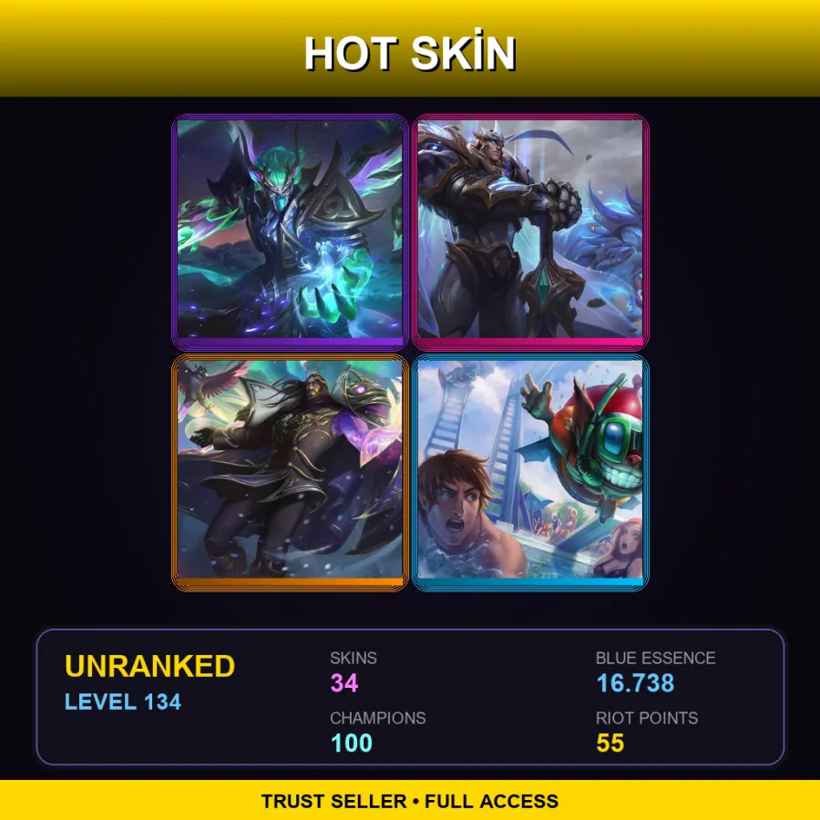 OCE | Lv134 | Unranked | 34 Skin | 100 Champ — LoL account
