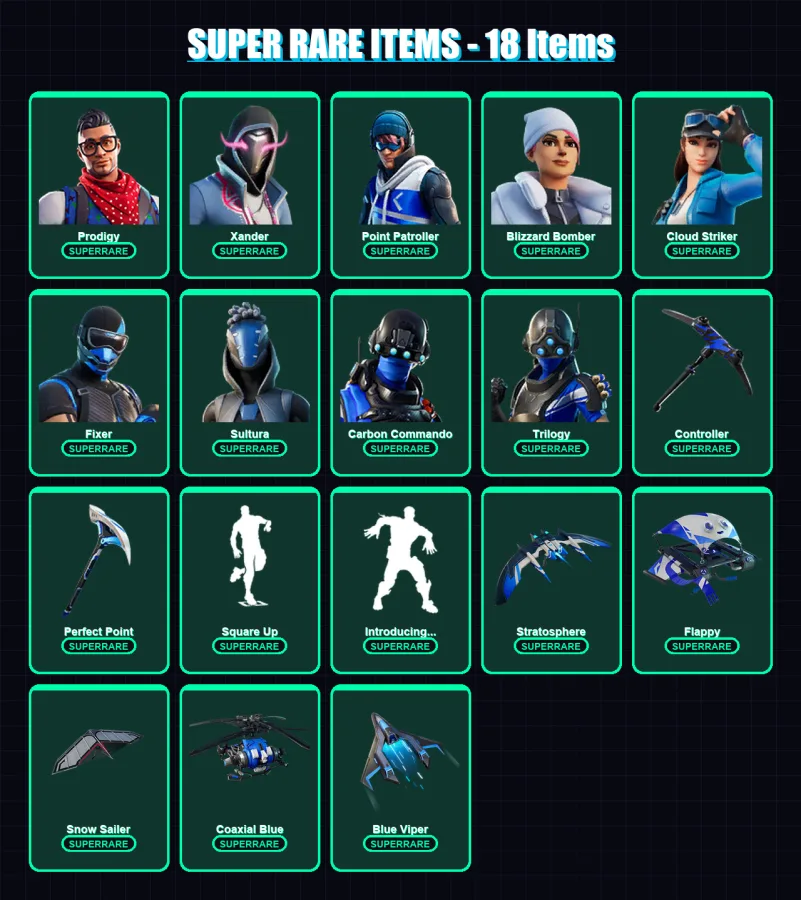 [PS4/PS5/XBOX/PC] | Prodigy | Xander | Point Patroller | Blizzard Bomber | Cloud Striker | 23 skin | 30 pickaxe | 17 emote | 22 glider | Lv153