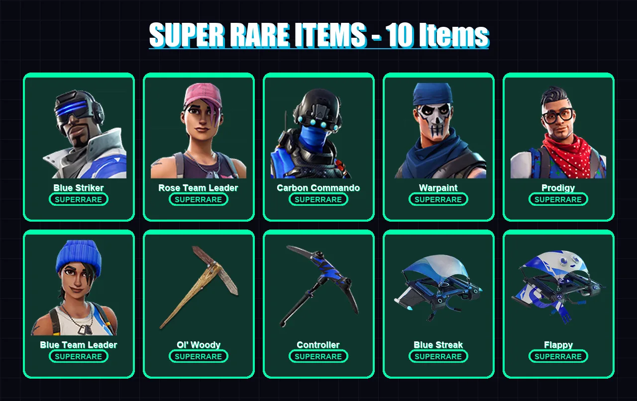 [PC/XBOX/PSN] | Blue Striker | Rose Team Leader | Carbon Commando | Warpaint | Prodigy | 82 skin | 135 pickaxe | 77 emote | 85 glider | Lv1239