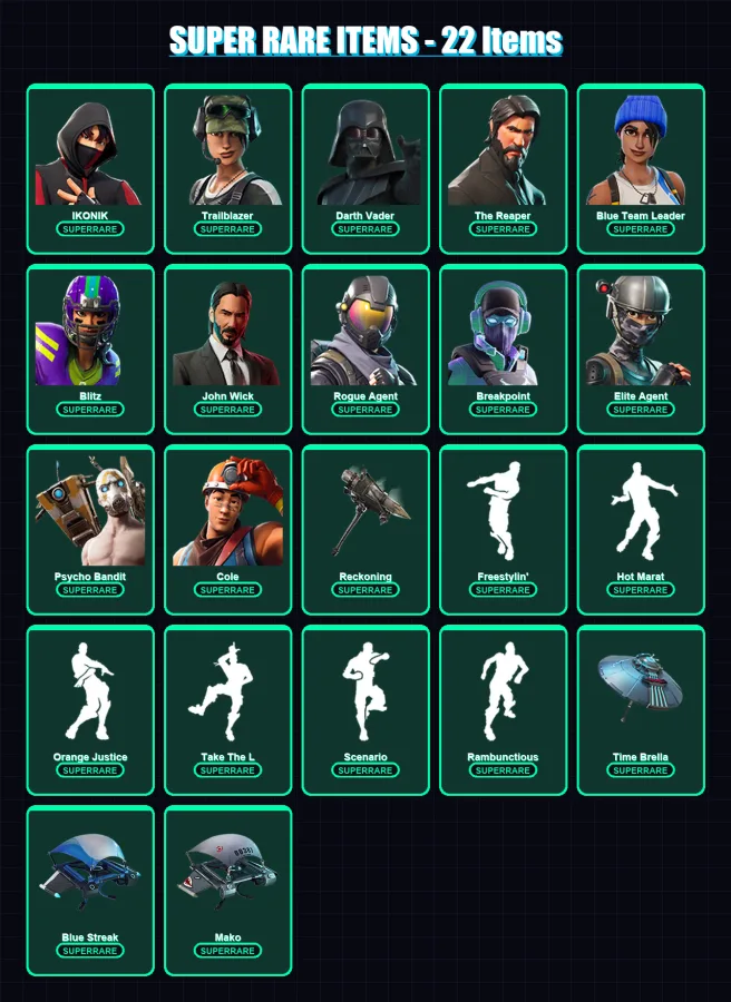 [PS4/PS5/XBOX/PC] | IKONIK | Trailblazer | Darth Vader | The Reaper | Blue Team Leader | 135 skin | 69 pickaxe | 135 emote | 77 glider | Lv909