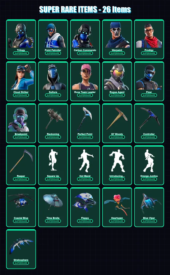[PC] | Trilogy | Point Patroller | Carbon Commando | Warpaint | Prodigy | 189 skin | 180 pickaxe | 145 emote | 164 glider | Lv1969