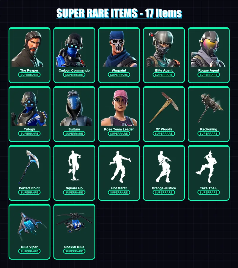 [PC/XBOX] | The Reaper | Carbon Commando | Warpaint | Elite Agent | Rogue Agent | 100 skin | 101 pickaxe | 94 emote | 93 glider | Lv1098