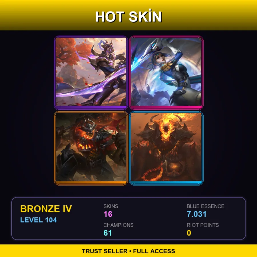 EUW | Lv104 | Bronze IV | 16 Skin | 61 Champ — LoL account