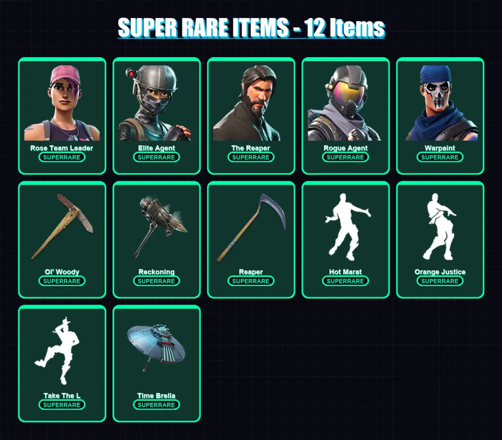 [PC] | Rose Team Leader | Elite Agent | The Reaper | Rogue Agent | Warpaint | 72 skin | 78 pickaxe | 82 emote | 73 glider | Lv1135 — Fortnite account