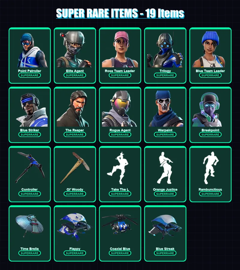 [PC/XBOX] | Point Patroller | Elite Agent | Rose Team Leader | Trilogy | Blue Team Leader | 159 skin | 171 pickaxe | 196 emote | 143 glider | Lv2241