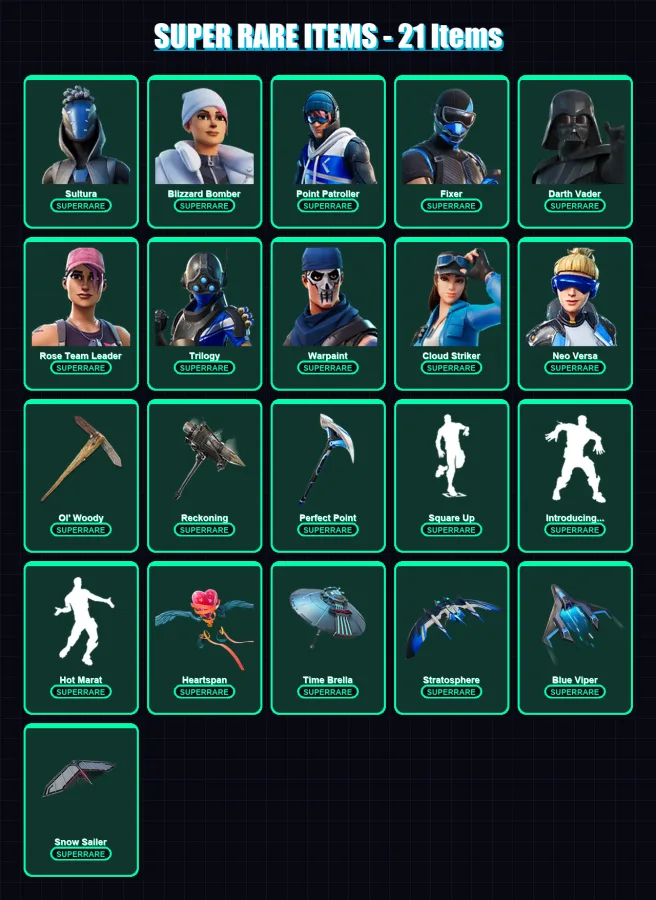 [PC] | Sultura | Blizzard Bomber | Point Patroller | Fixer | Darth Vader | 313 skin | 306 pickaxe | 274 emote | 252 glider | Lv3236