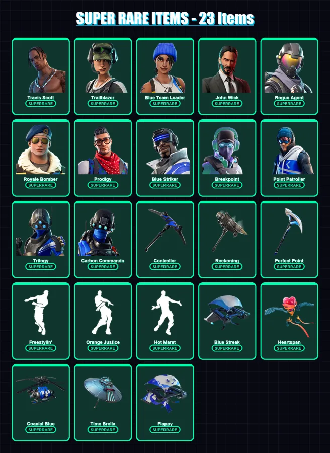 [PS4/PS5/XBOX/PC] | Travis Scott | Trailblazer | Blue Team Leader | John Wick | Rogue Agent | 119 skin | 88 pickaxe | 110 emote | 87 glider | Lv913