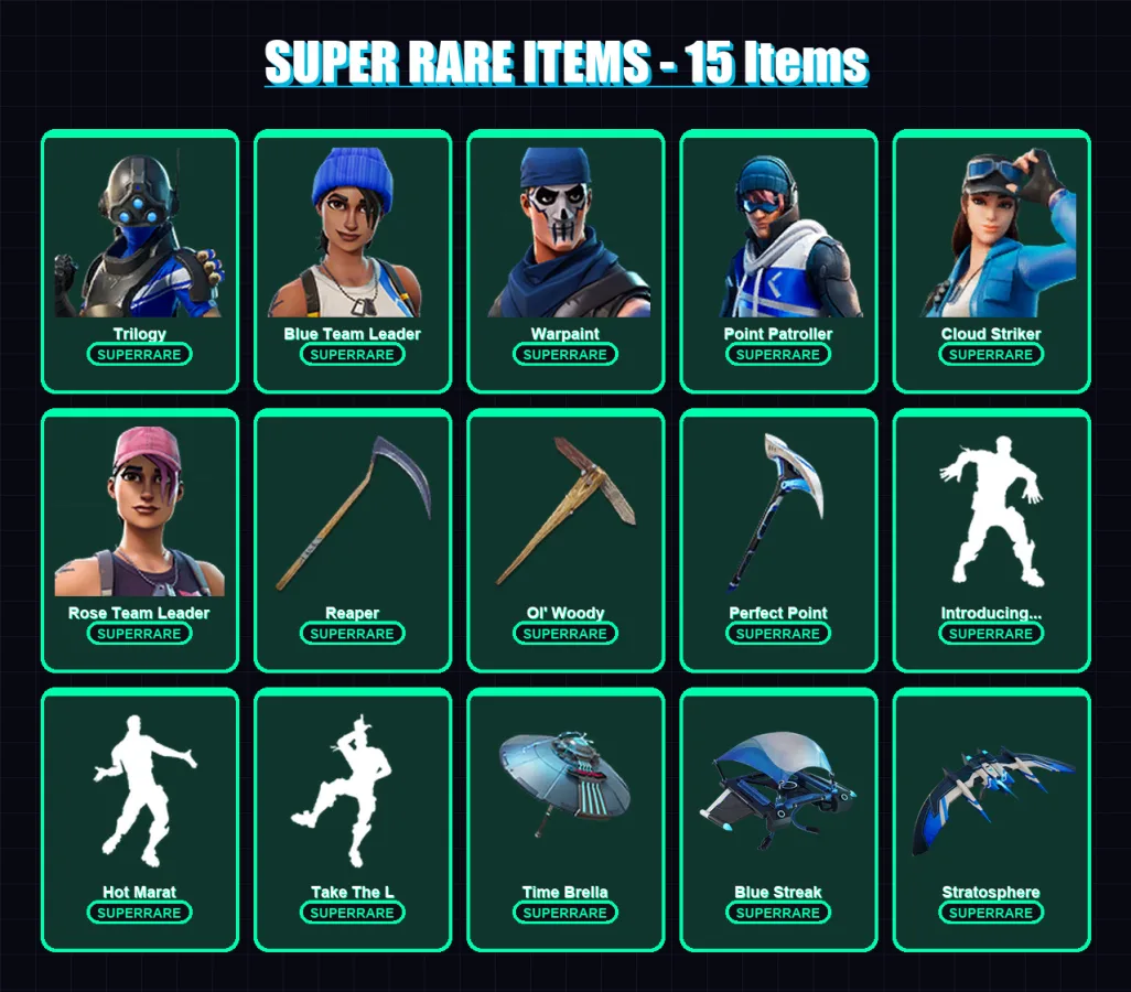 [PS4/PS5/XBOX/PC] | Trilogy | Blue Team Leader | Warpaint | Point Patroller | Cloud Striker | 68 skin | 100 pickaxe | 83 emote | 95 glider | Lv1423
