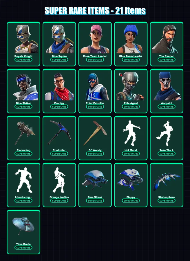 [PC] | Royale Knight | Blue Squire | Rose Team Leader | Blue Team Leader | The Reaper | 118 skin | 123 pickaxe | 119 emote | 134 glider | Lv1556