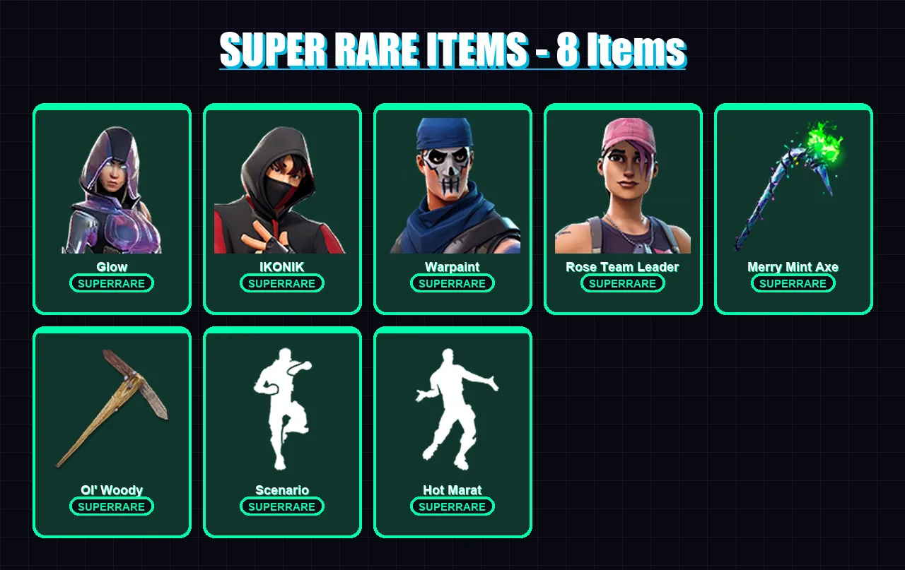 [PC/XBOX/PSN] | Glow | IKONIK | Warpaint | Rose Team Leader | Midas | 50 skin | 81 pickaxe | 72 emote | 79 glider | Lv1162